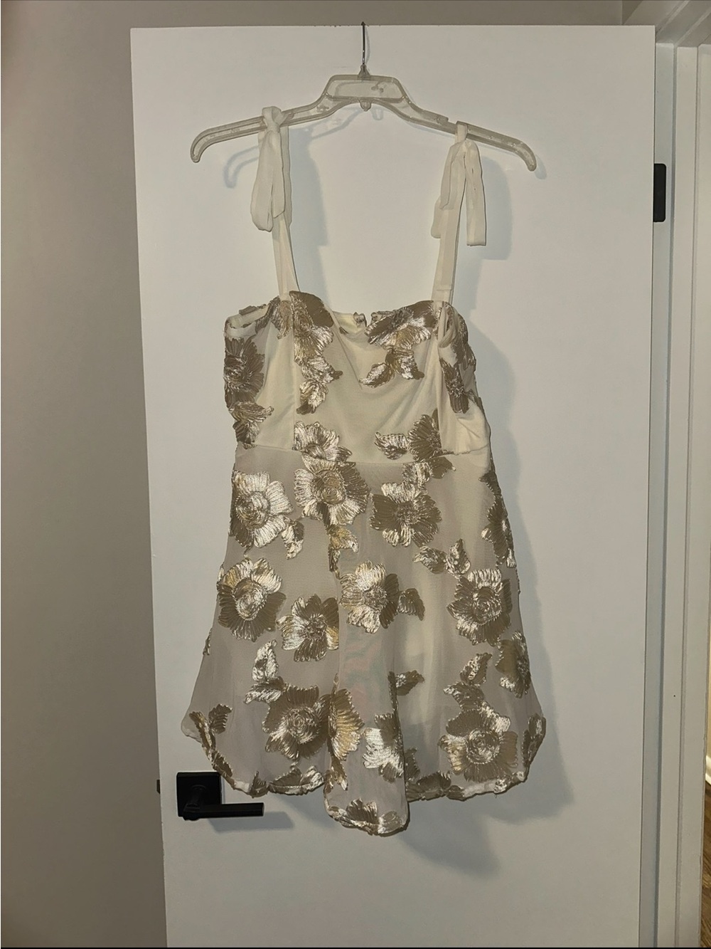 Lulu's Ivory Mini Dress with Gold Floral Embroidery